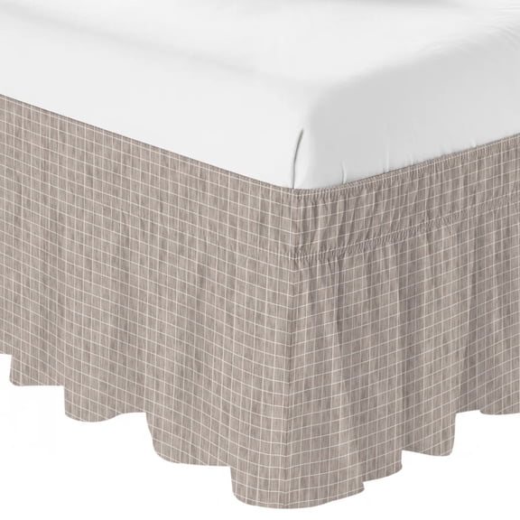 Oatmeal Beige Gingham Ruffle Bed Skirt King Size Vintage Minimalist Vertical Warp Grid Adjustable Elastic Dust Bed Skirts Wrap Around Bedskirt Wrinkle Free Easy Fit with 16 Inch Drop