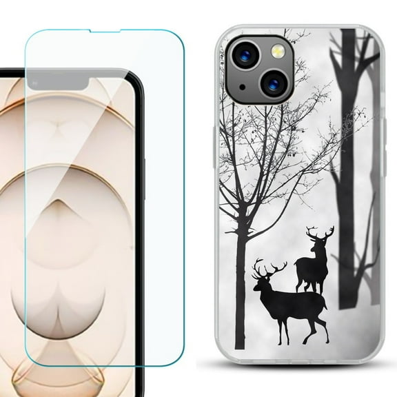 Slim-Fit Flexible TPU Gel Phone Case for iPhone 13, with Tempered Glass Screen Protector, by OneToughShield ® - Forest Deer