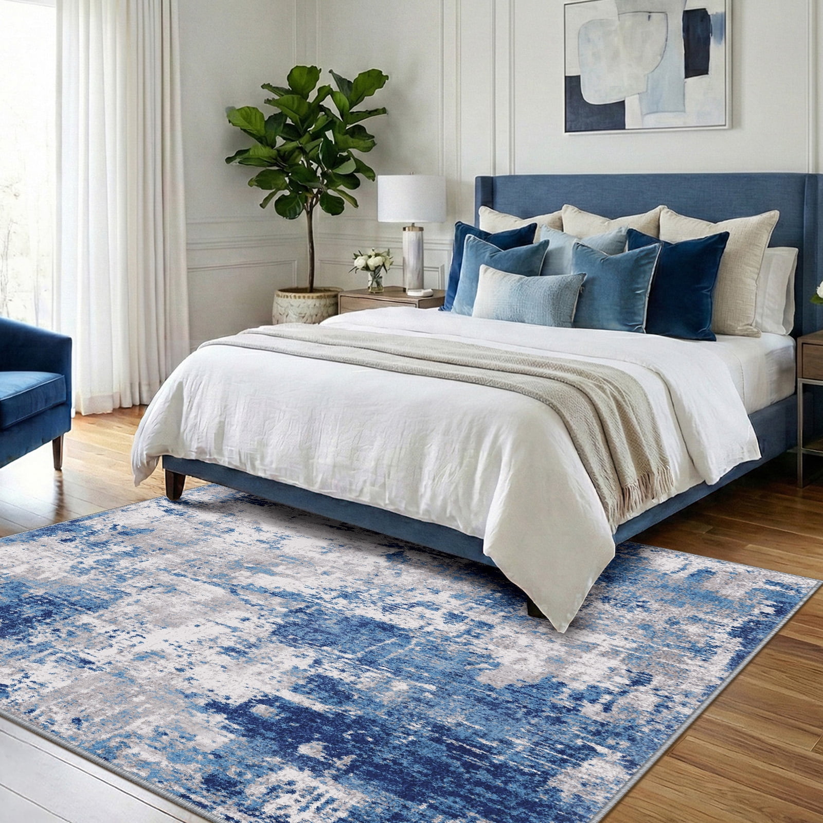 NewBuros Area Rugs 5'x7', Modern Abstract Non-Slip Washable Rugs for Living Room, Soft Low Pile Stain Resistant Indoor Carpet for Bedroom Dining Room Playroom, Gray Blue