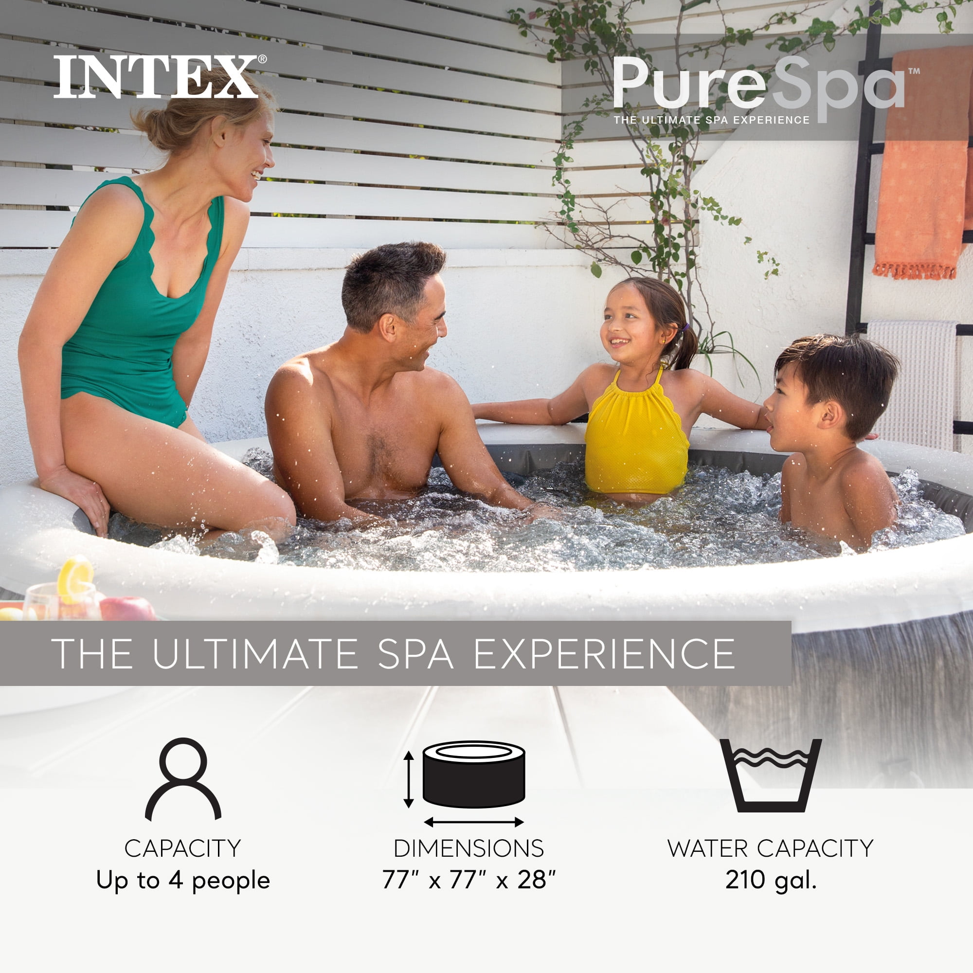 Intex PureSpa Greywood Deluxe Spa Set, 140 Bubble Jet Hot Tub with Cover, 77" x 28"