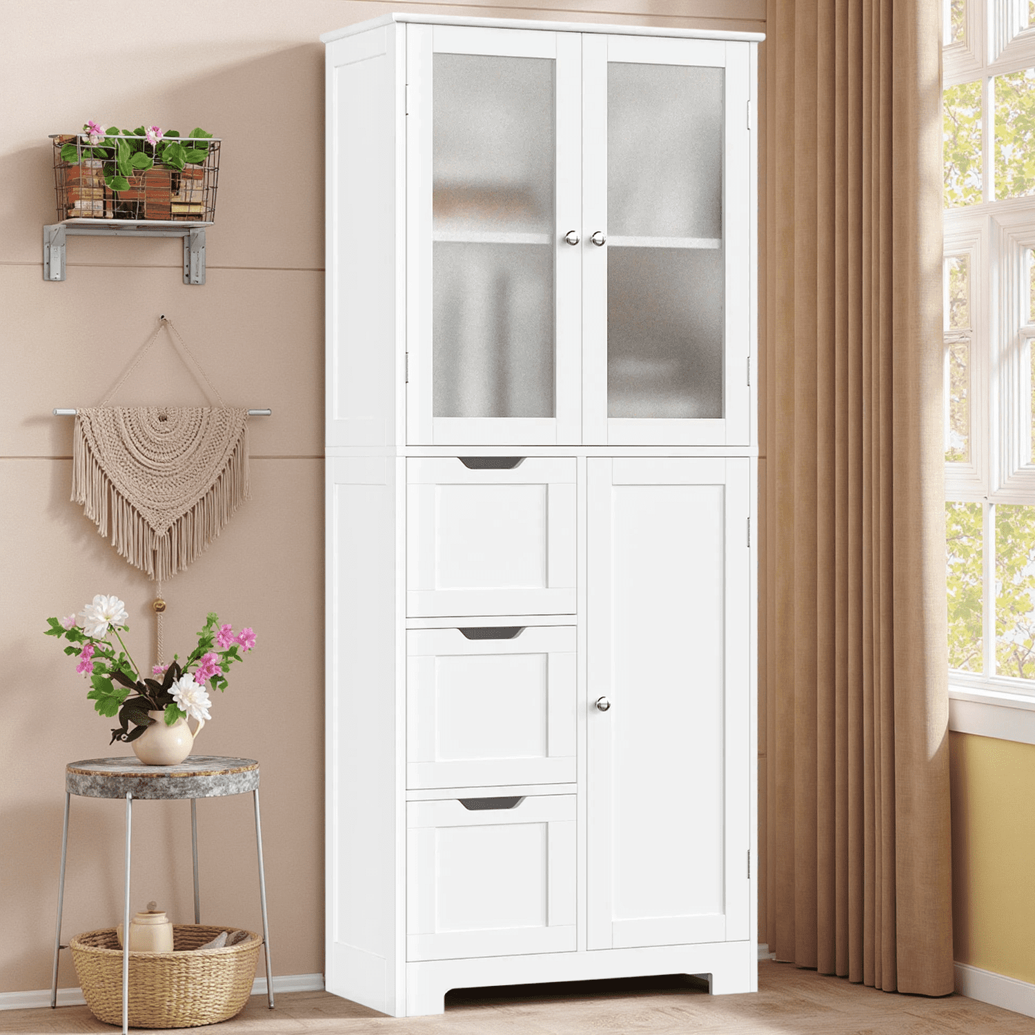 Homfa 56.6"H Kitchen Pantry Cabinet with 3 Doors and 3 Drawers, Floor Cabinet for Dining Room Living Room, White