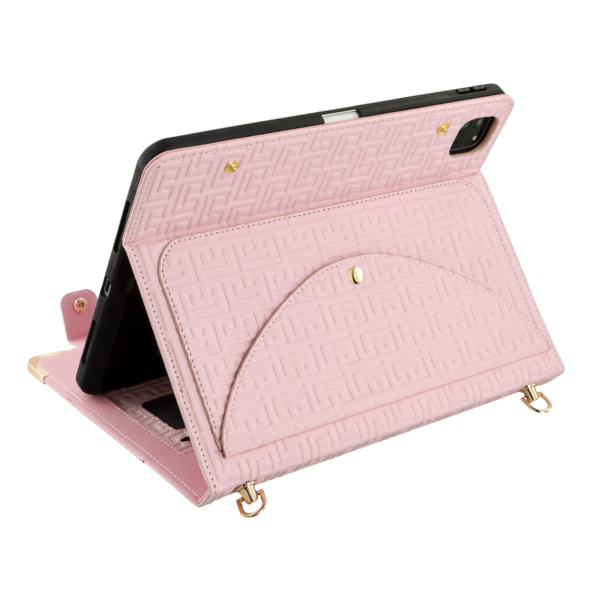 for iPad Air 11 2024/Pro 11 2022 2021 2020 2018/Air 4/Air 5, Protective Folio Case with Card Slots & Zipper Pocket & Pencil Holder, Stand Wallet PU Leather Portable Crossbody Strap Cover, Pink