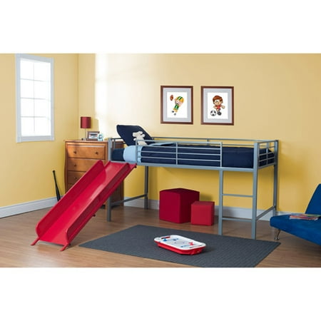 twin junior twin metal loft bed with slide, silver/red (component twin junior twin metal loft bed with slide, silver/red (component