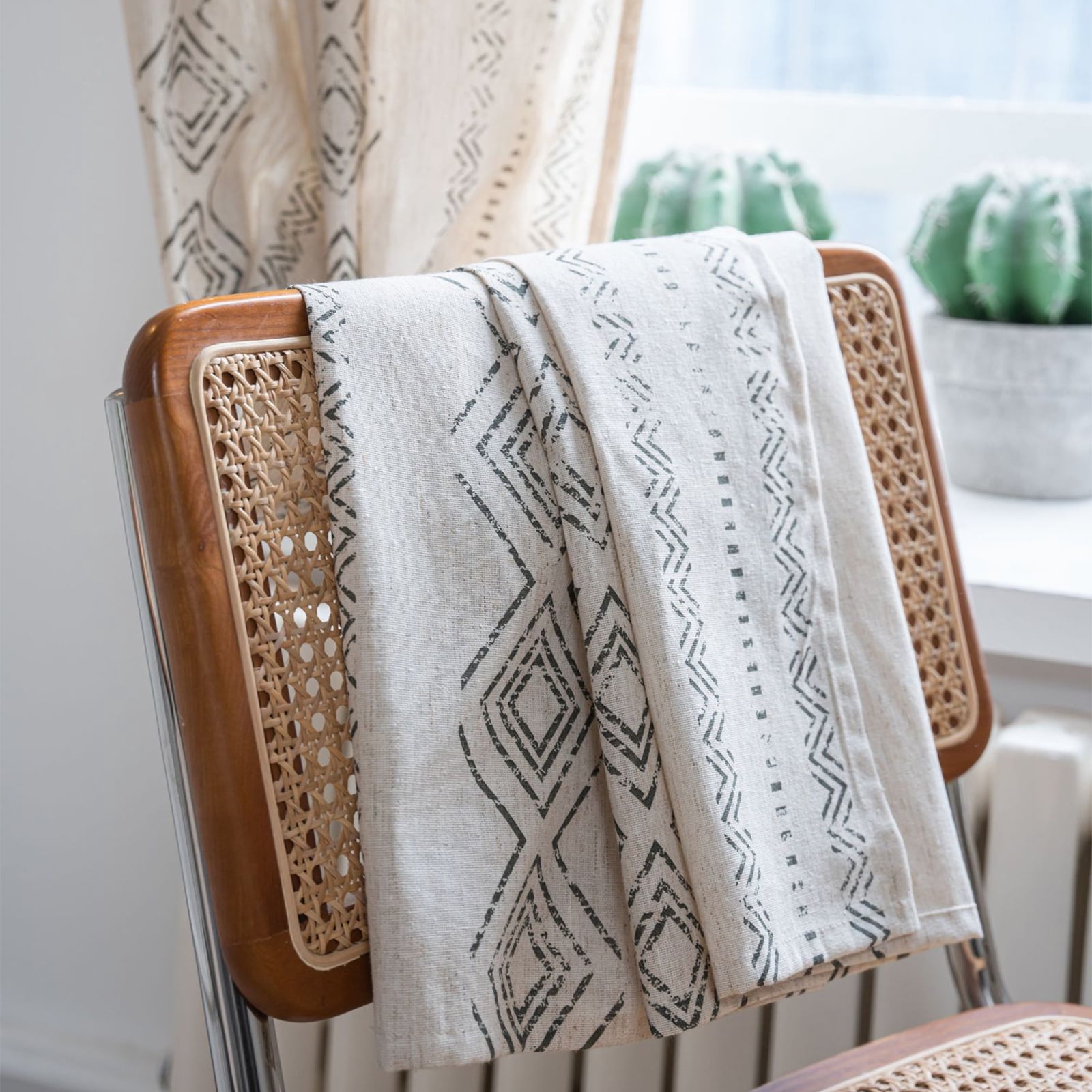 PixelForge Semi Blackout Linen Curtains Geometric Window Curtains 84 Inch Length Farmhouse Light Filtering Drapes for Living Room Bedroom 1 Panel,Beige