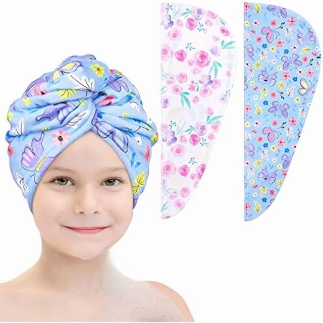 wonima11 Microfiber Hair Towel Wrap for Kids 2 Pack Rapid Drying Hair Towel with Button Hair Turbans for Wet Hair Wraps Head Towel Wrap for Women and Girls, Flower