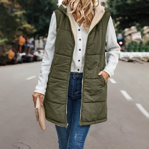 TQWQT Womens Reversible Long Vest Sleeveless Sherpa Fleece Jacket Zip Up Hooded Vest Warm Winter Coat Outwear with Pocket Army Green S