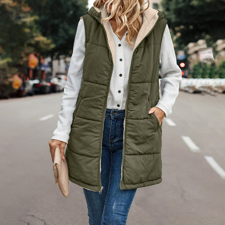 TQWQT Fall Reversible Vests for Women Sleeveless Fleece Jacket Zip Up  Hooded Vest Long Warm Winter Coat Comfy Outerwear Army Green M 
