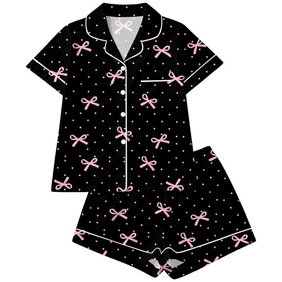 CAIVO 2 Piece Pajama Sets Girls Lapel Short Sleeve Button Down Shirt With Shorts Casual Loungewear Sleepwear For Toddler Kids Soft Breathable Summer Nightclothes Bowknot Printed Homewear
