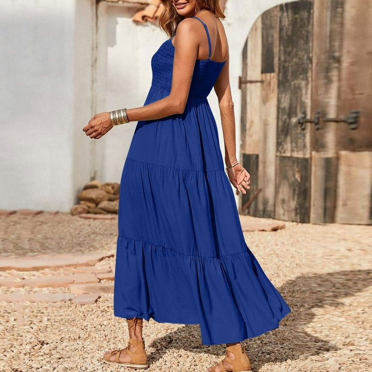 Boho Hawaiian Tropical Plain Beach Dresses for Ladies Fall Summer Sleeveless Spaghetti Strap Crewneck Chiffon Maxi Long Dresses Juniors 2024 Clothes