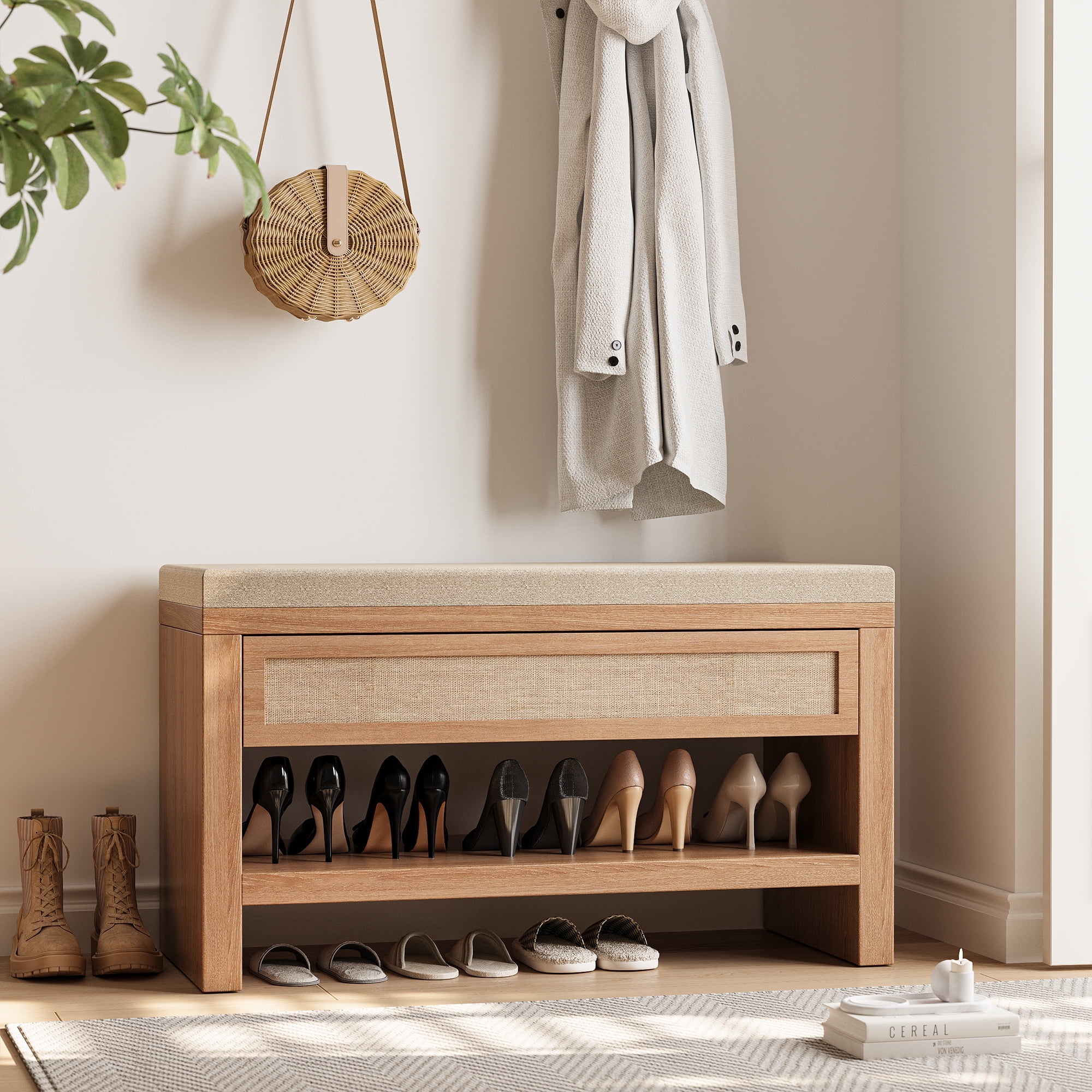 32" Shoe Bench With Storage Drawer, Farmhouse Entryway Bench With Seat Cushion & Shelf, Wooden Shoe Rack Organizer For Hallway, Living Room, Bedroom – Rustic Oak