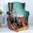 thumbnail image 4 of Movie Theater Soft Flannel Fleece Throw Blanket, Production Theme 3D Film Reels Clapperboard Tickets Popcorn and Megaphone, Cozy Plush for Indoor and Outdoor Use, 60" x 80", Multicolor, by Ambesonne, 4 of 5
