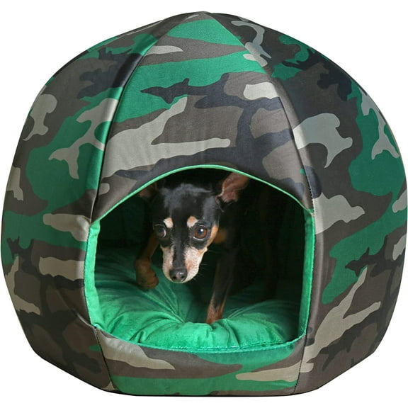Maccabi Art Small Igloo Camouflage Pet Bed – Camo Dome for Small Dogs & Cats – Plush Interior, Removable Cushion & Non-Slip Base