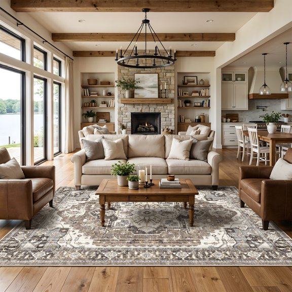 Washable Living Room Runner Rug - 5'x7 'Large Bedroom Rug Distressed Oriental Non-Slip Non-Shedding Print Floor Carpet for Dining Room Kitchen (Beige, 5 x 7)