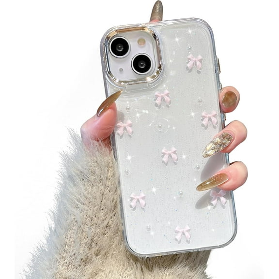 Case for iPhone 15, Bling Glitter 3D Bowknot Phone Case Cute Sparkly Crystal Clear Bow Aesthetic Design Case Slim Soft Durable TPU Transparent Protective Cover for Women Girl - Pink Bow