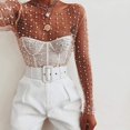 thumbnail image 2 of HSHDLDF Women Long Sleeve Sheer Mesh Crop Top Pearls Rhinestone Cover Up Shirt Blouse, 2 of 7