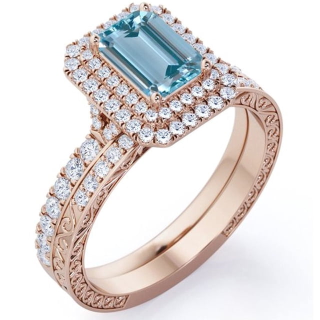 JeenMata Conjunto de Boda de Filigrana Art Déco con Aguamarina y Moissanita de Corte Esmeralda de 1,5 Quilates Doble Halo Pavé, Chapado en Oro Rosa de 18 K sobre Plata