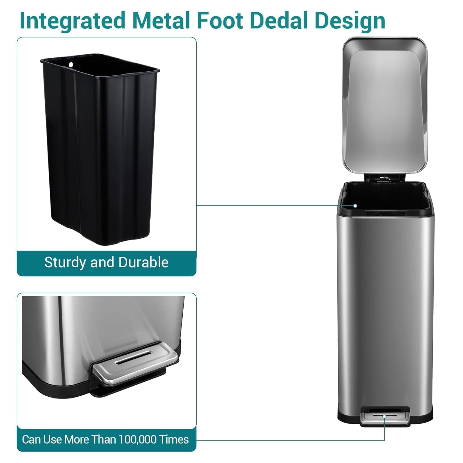 13 Gallon/50 L Stainless Steel Trash Can with Soft-Close Lid for Kitchen, Dining Room,Fingerprint Resistant Narrow Rectangle Garbage Can with Removable Inner Bucket Trash Bin,Silver