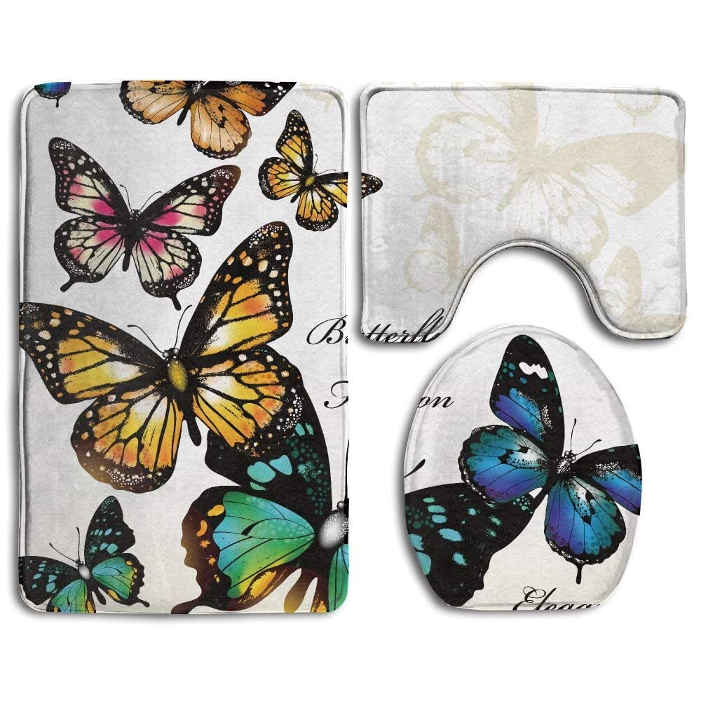 Colorful Butterfly Life Tree Plush Bathroom Decor Mat with Non Slip Backing 