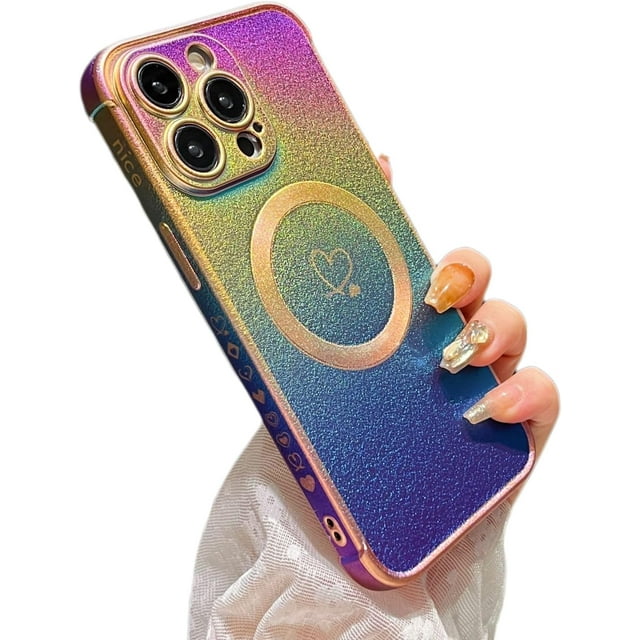 Biwat-Magnetic Case for iPhone 14 Pro Max Case 6.7",Cute Luxruy Iridescent Case with Love Hearts Pattern, Plating Edge Camera Lens Protection Shockproof Phone Cover for Women Girls,Iridescent Violet