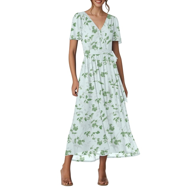 VEKDONE Robe Imprimée de Mode pour Femme Aguichant à Col Rond à Manches Courtes Robes Robe Maxi Décontractée Confortable pour Toutes les Occasions Vert P