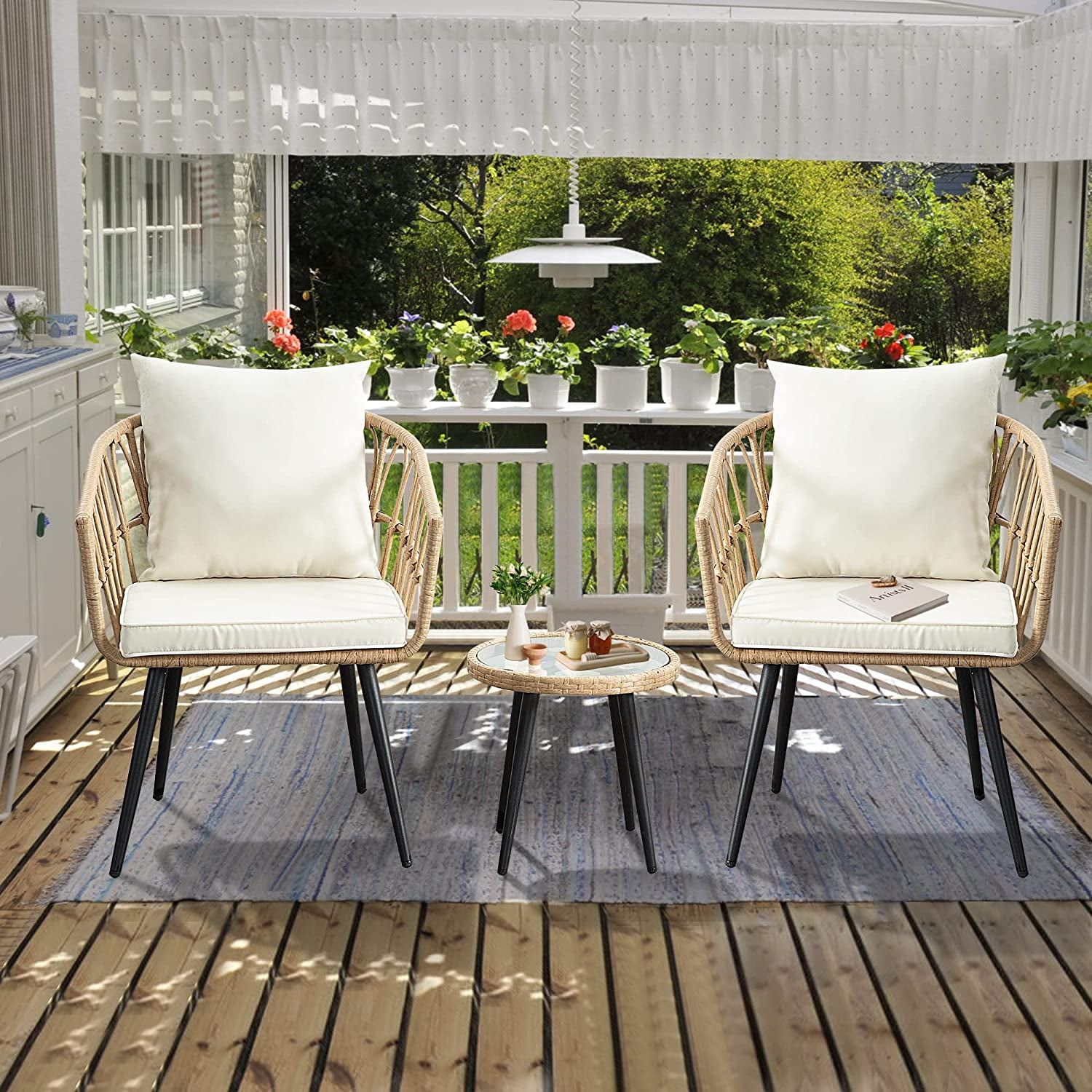 FHFO 3 Pieces Wicker Bistro Sets, Outdoor Rattan Conversation Furniture with Soft Cushions and Glass Table for Patio,Backyard ,Balcony,Deck