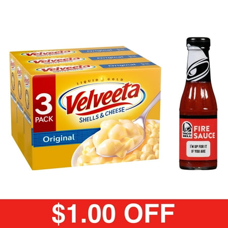 Velveeta Shells & Cheese + Taco Bell Fire Sauce