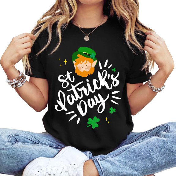 Women's St. Patrick's Day "Feeling Lucky" Teddy Bear with Shamrocks Graphic T-Shirt, Casual Short Sleeve Black Tee