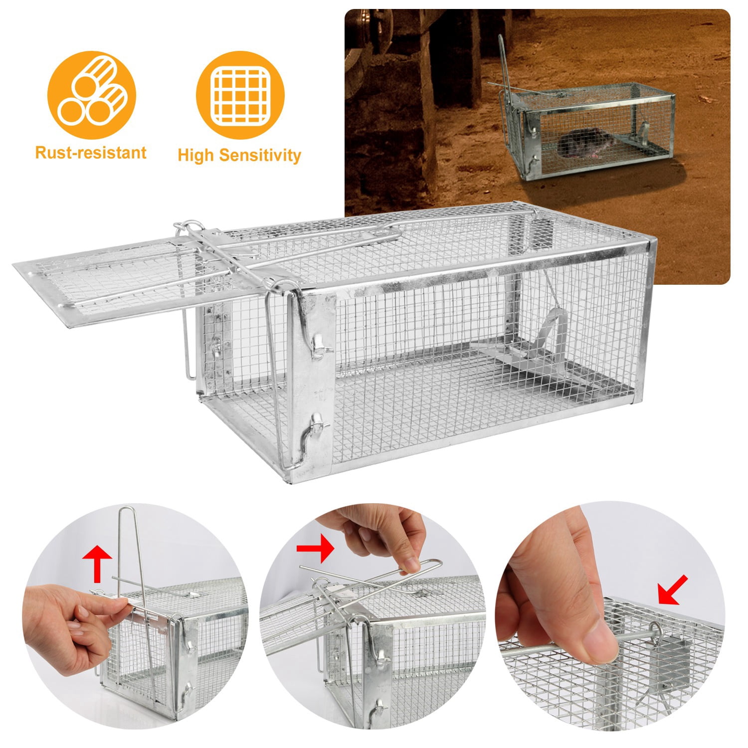 ZephyPaws Heavy Duty Squirrel Trap,Humane Live Rodent Trap Cage for Chipmunk,Rat and Other Similar-Sized Rodents -Silver