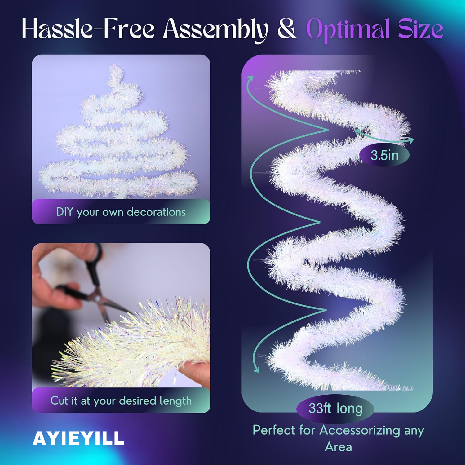 Ayieyill 33ft Tinsel Garland, Iridescent photo 2