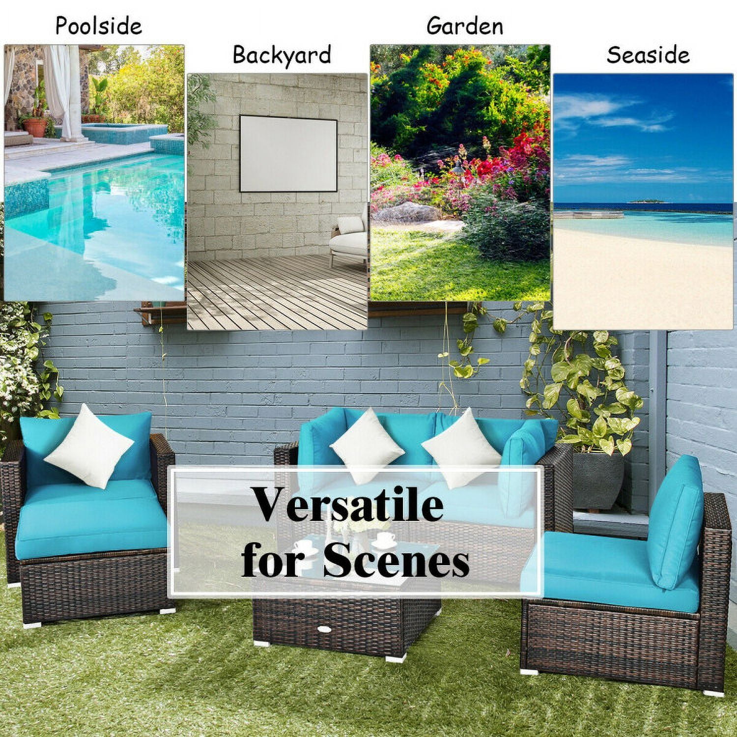 Aimee Lii 6 Pcs Patio Rattan Furniture Set with Sectional Cushion, Outdoor Deck Furniture, Turquoise