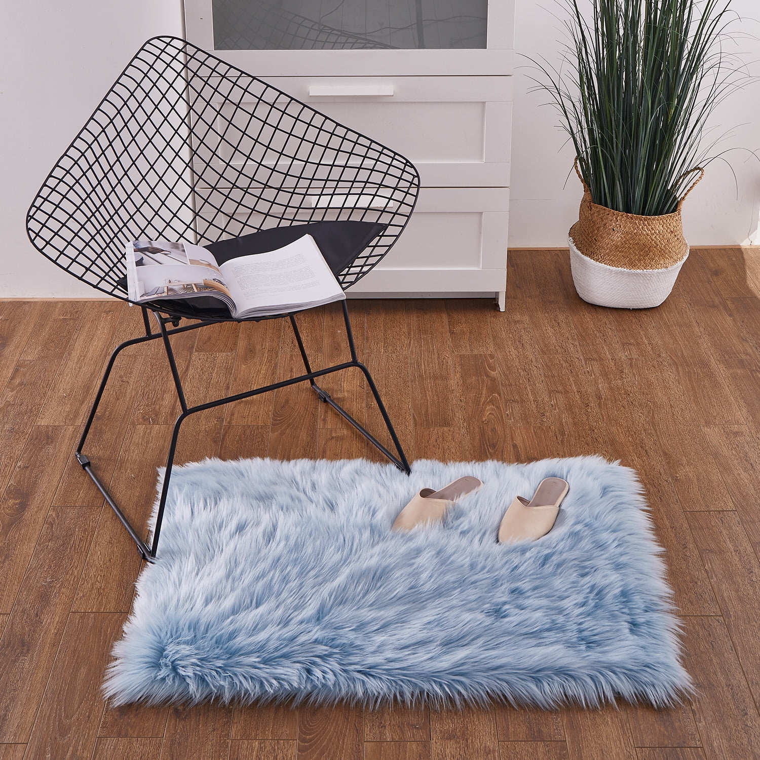 Deluxe Super Soft Faux Fur Light Blue Rectangle Area Rug Indoor Ultra