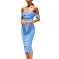 thumbnail image 1 of Vestido PRETTYGARDEN 2025 Midi Fruncido con Hombros Descubiertos Azul Claro M, 1 of 7