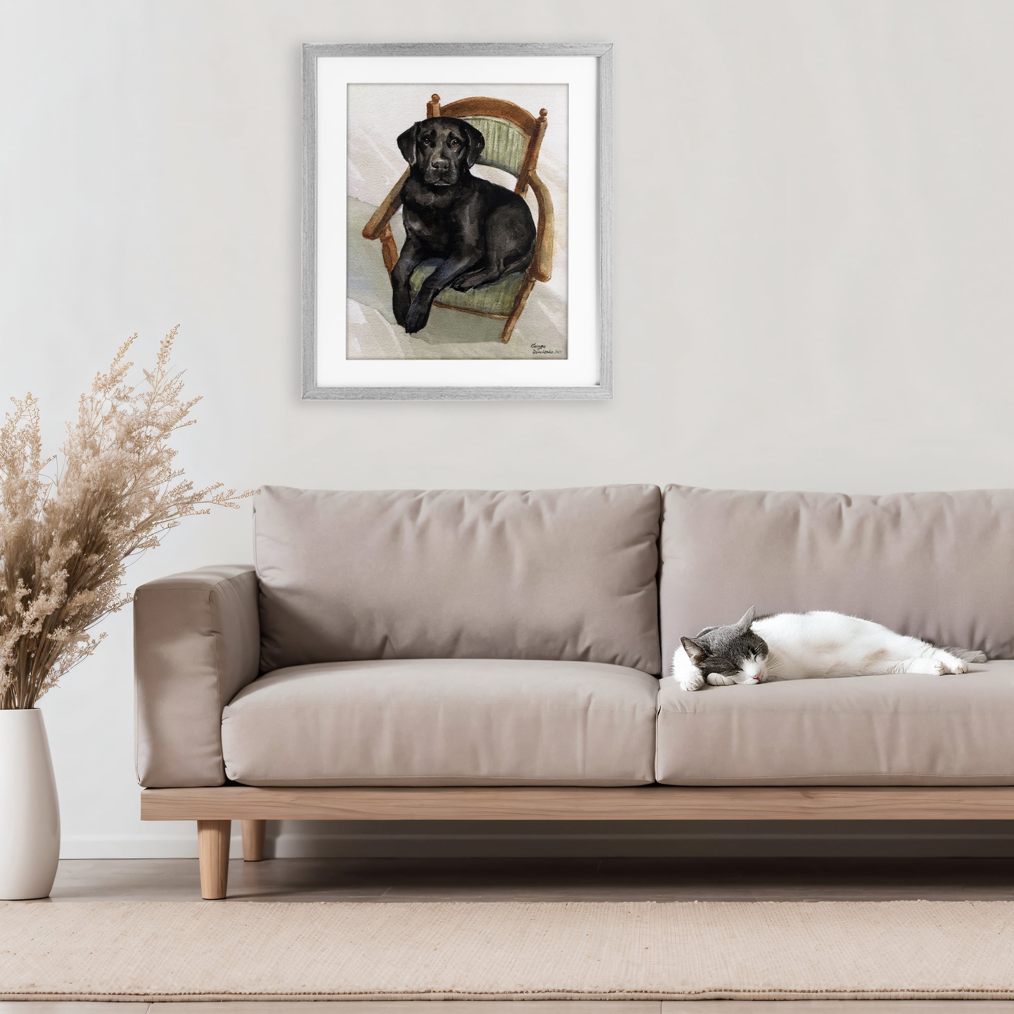Stupell Industries Black Labrador On Chair Gray Framed Print Under Glass, design by George Dyachenko