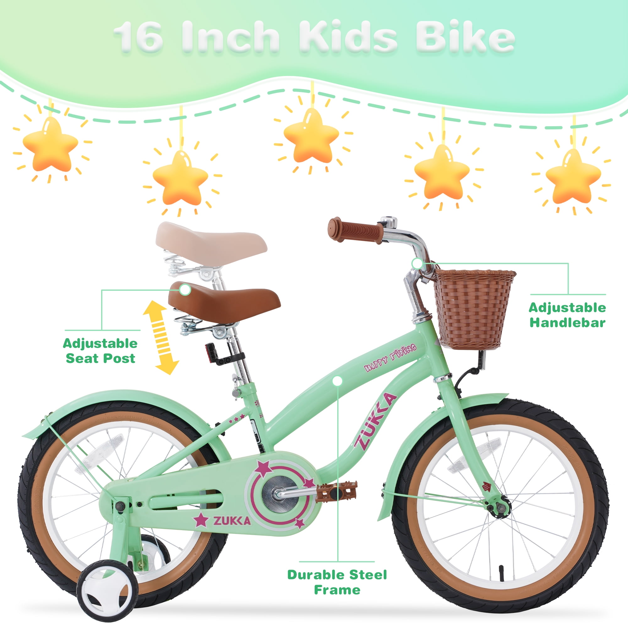 Aukfa 16" Kids' Bike, Girls Bike for 4-7 Years,Anti-Skid Tires, Training Wheels,Mint Green