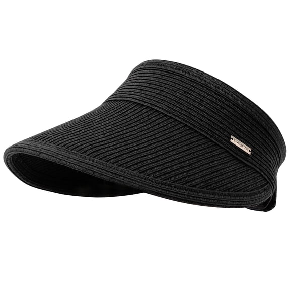 Sun Visors for Women Black Sun Hat Wide Brim Beach Hat UV Protection Straw Hat, Black