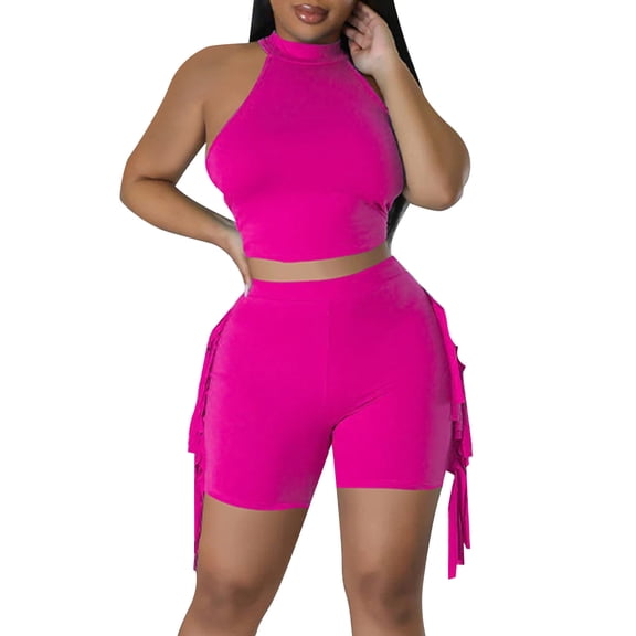 Women's Fashionable Sexy Casual Shorts Two Piece Set Sleeveless Fringe Round Neck Solid Color Outfit Summer Comfortable Stylish