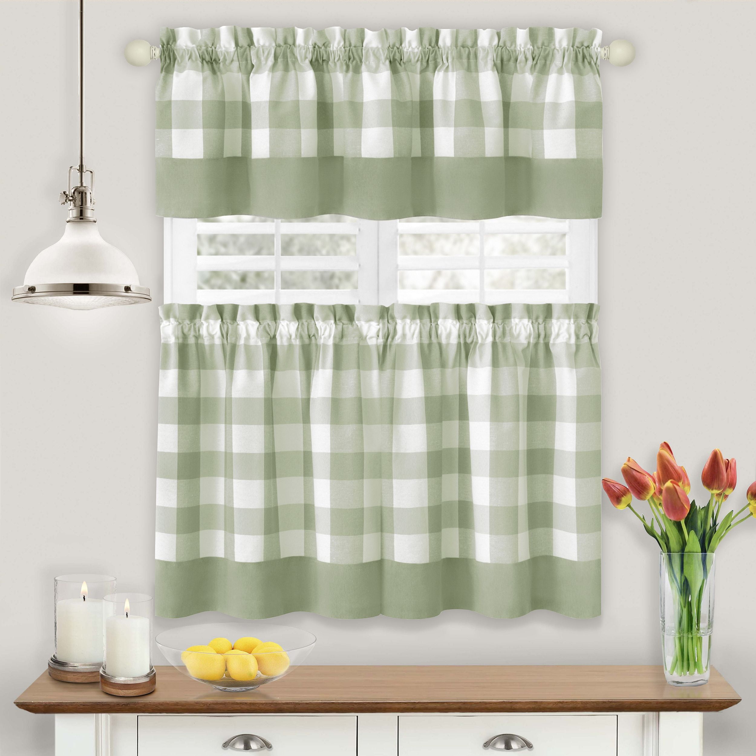 WAVERLY YELLOW GREEN FLORAL PLAID RUFFLED LACE  2PC CAFE TIERS VALANCES SWAG SET 