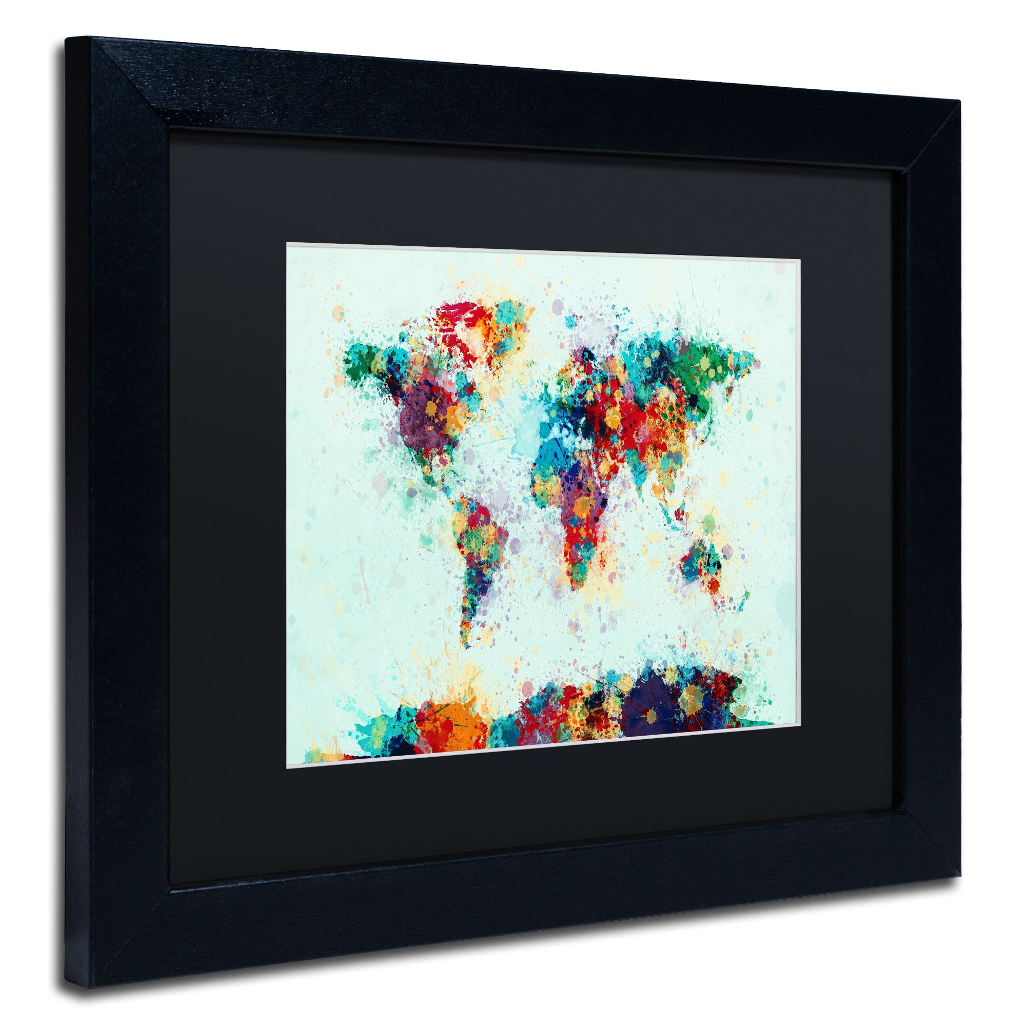 Trademark Fine Art "World Map Paint Splashes" Canvas Art by Michael Tompsett, Black Matte, Black Frame