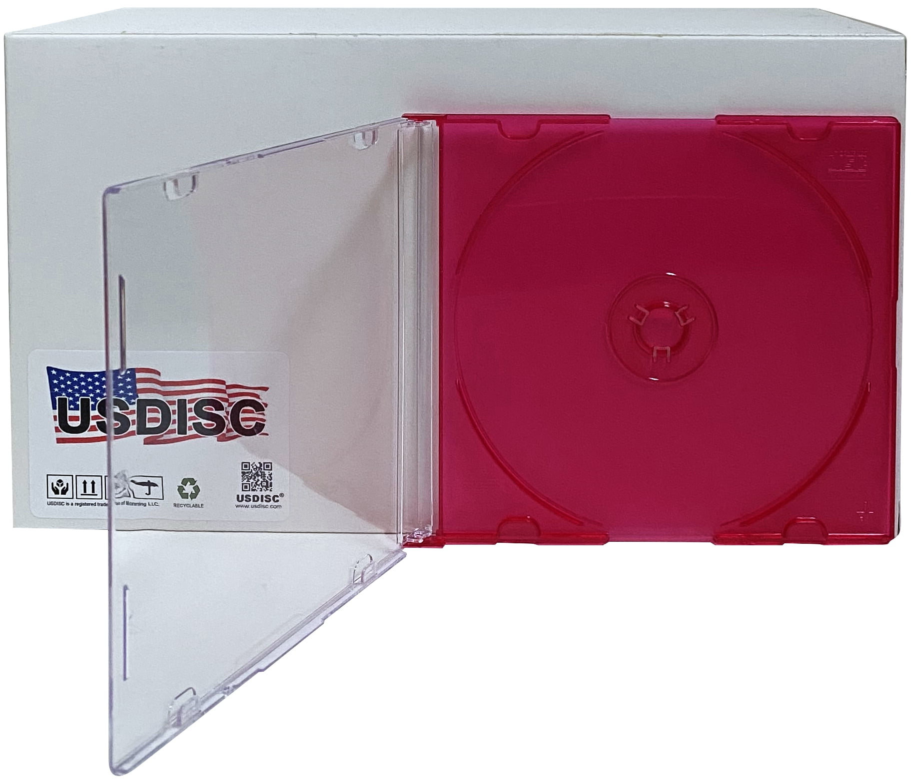 USDISC CD Jewel Cases Slimline 5.2mm, Single 1 Disc, Clear Red, Pack Of 100