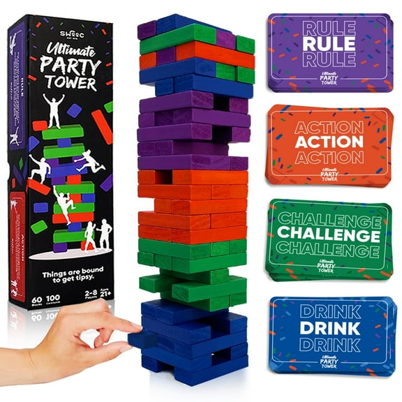 SWOOC Games - Ultimate Party Tower™ - 100 Original Commands, 60 Blocks, & 1000s of Hilarious Rule Combinations - A Tipsy Spin on Fun Classic Games for Power Hour - Ages 21  - Wooden Tower Blocks Game