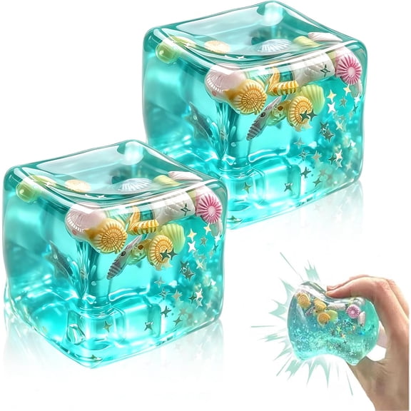 2Pcs Squishy Fidget Cube with Seashell Accents, Ocean-Inspired Squeeze Toy for Party Favors, Classroom Prizes, Birthday Gifts and Christmas Stockings