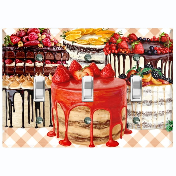 Metal Light Switch Wall Plate Outlet Cover (Layered Chocolate Strawberry Cake Party Fruit - Triple Toggle)