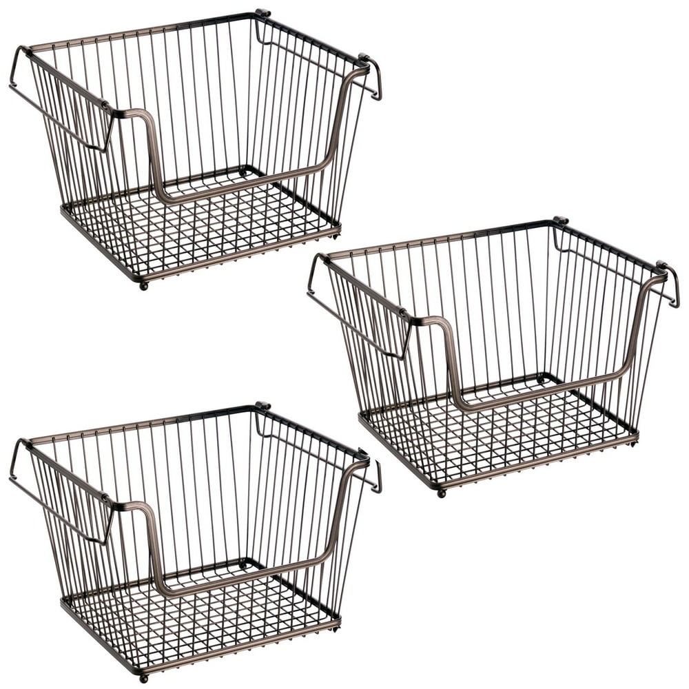 mDesign Stackable Kitchen Pantry Storage Basket with Handles, 3 Pack