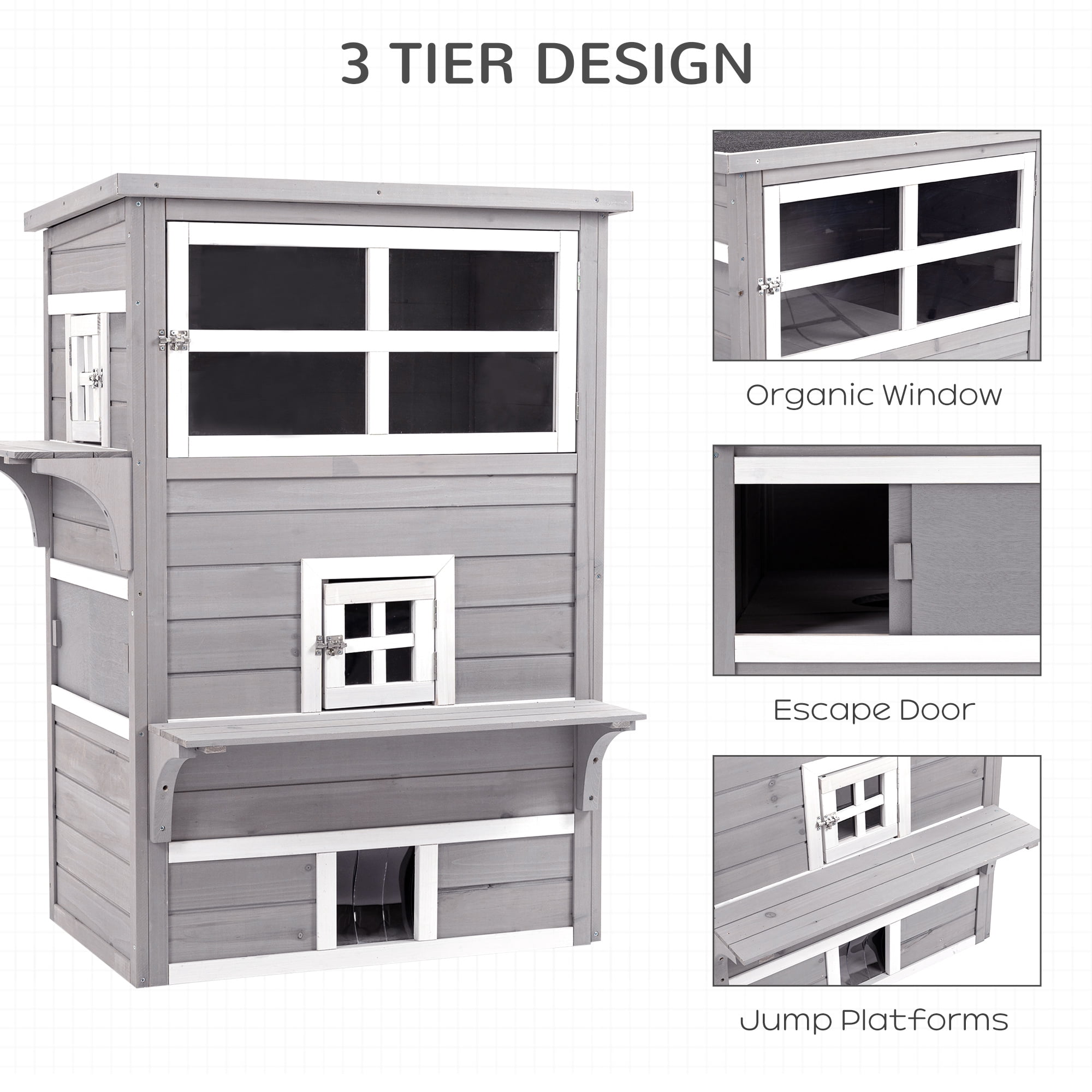 3-Story Cat House Feral Cat Shelter, Outdoor Kitten Condo with Raised Floor, Asphalt Roof, Escape Doors, Jumping Platforms, Grey