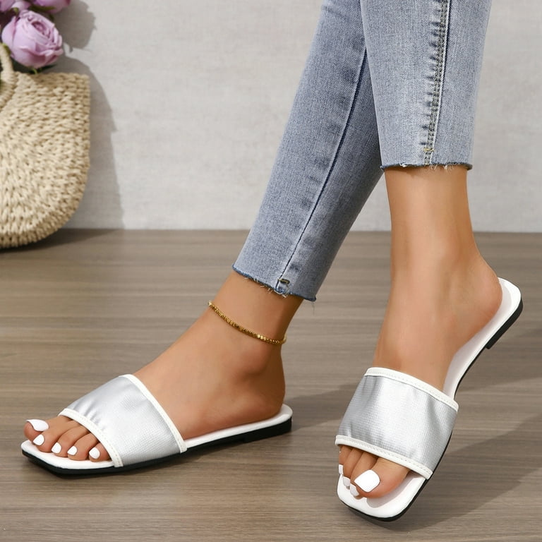 Ladies Slippers Size 7 Wide Ladies Fashion Solid Color Leather Square Toe Open Toe Flat Casual Slippers