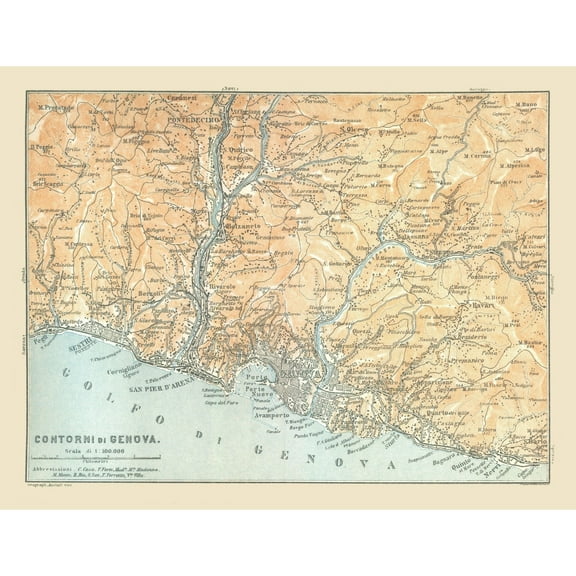 Historic Map - Genova Italy - Bertarelli 1914 - 29.86 x 23 - Vintage Wall Art