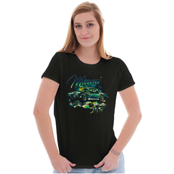Miami Vintage Muscle Car Cruising Womens Slim Fit Graphic Tee Brisco Brands S