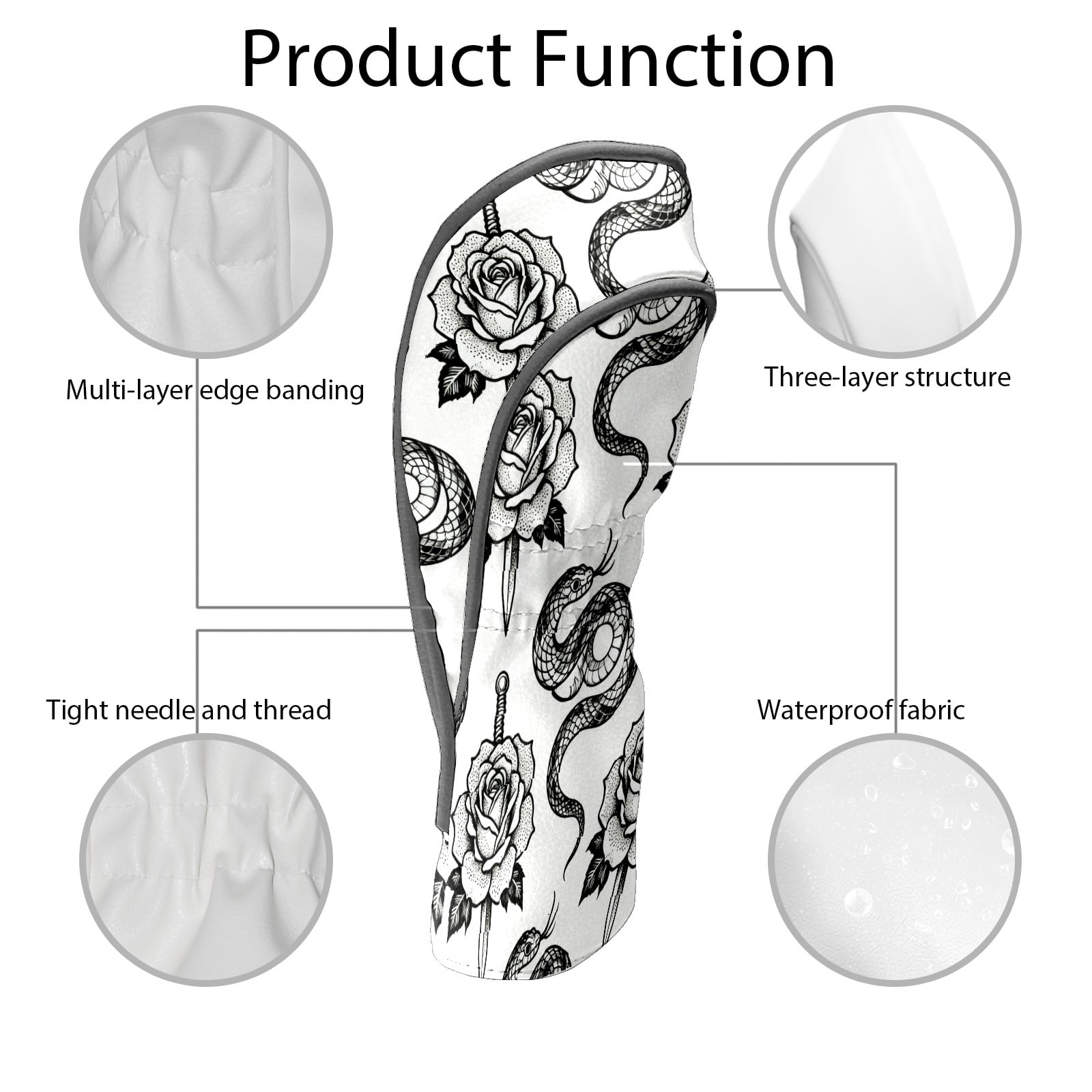 Golf Club Covers, BlackWhite RoseSnake Premium PU Leather Driver Hybrid Putter Head Covers with Velvet Lining, Waterproof Golf Gifts for Men Women