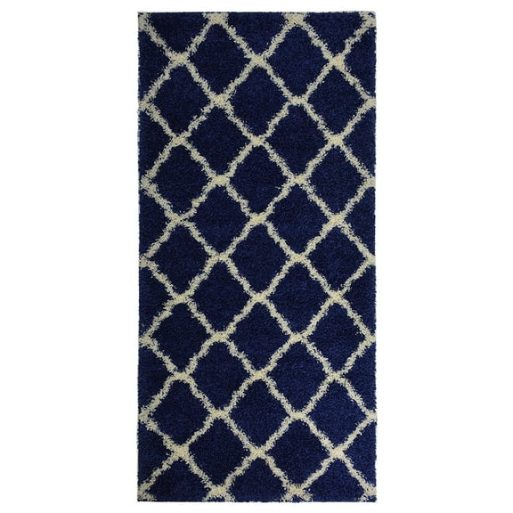 Moroccan Trellis Shag Area Rug Rugs New Shaggy Collection (Navy Blue, 3'3"x10' Runner)