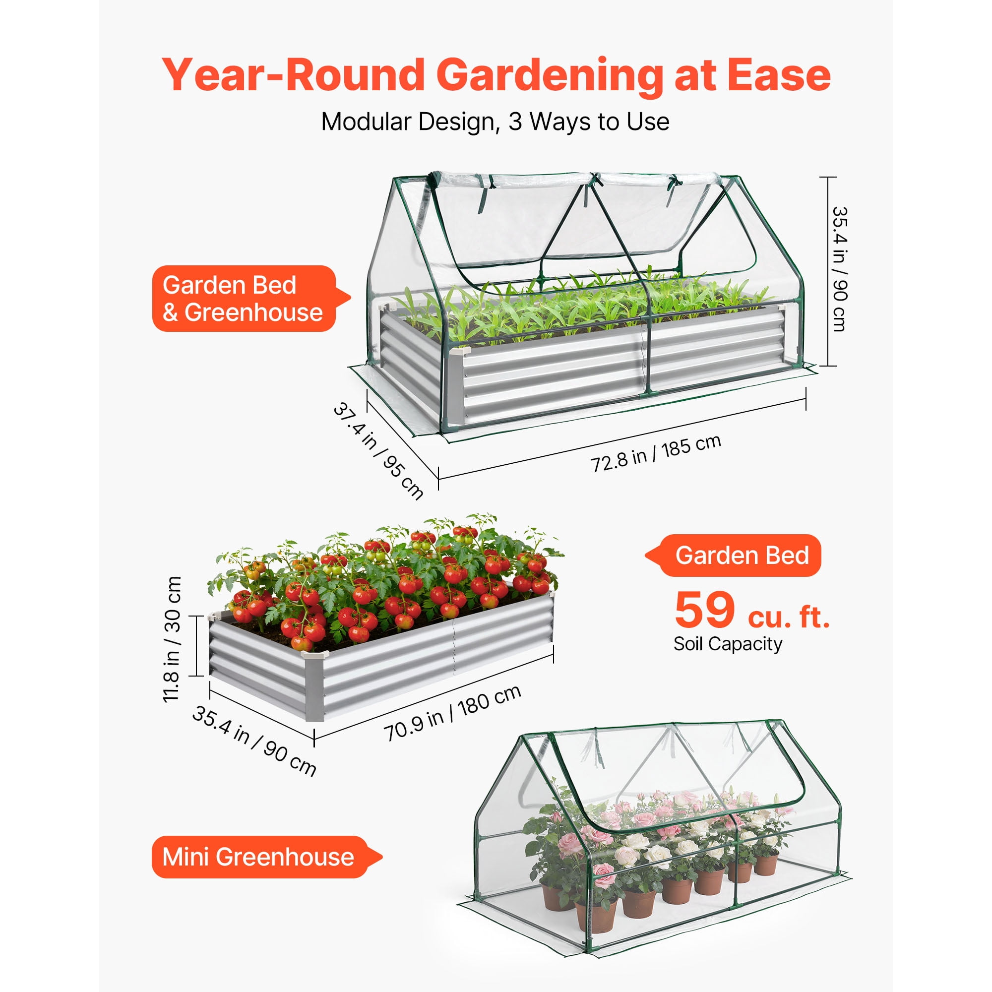 KFFKFF Rectangular Raised Garden Bed with Cover, 6 x 3 x 1 ft, Galvanized Metal Planter Box Kit for Outdoor Use, Includes PE Greenhouse Cover & Gloves, Rust-Resistant Alu-Zinc Material, Silver